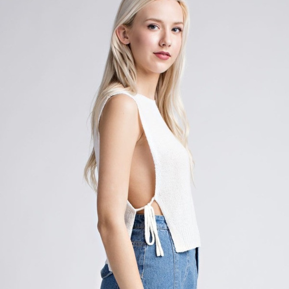 White Open Side Tie Sweater Top
